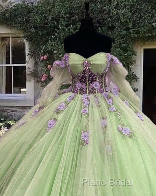 Sage Long Sleeve Ball Gown Dresses With Purple Flowers Secondary image