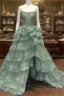 Sage Tiered Lace Strapless Dresses