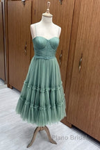 Sage Tiered Tulle Tea Length Corset Dresses