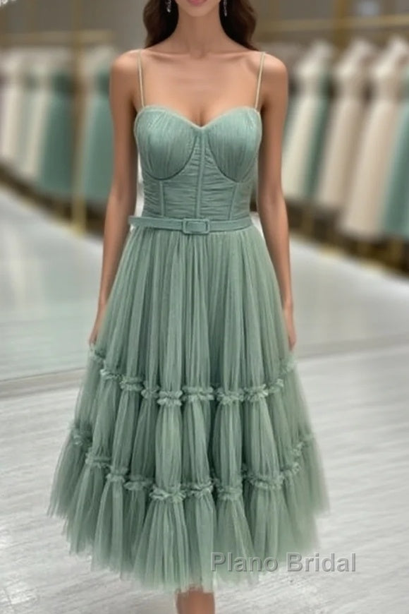 Sage Tiered Tulle Tea Length Corset Dresses Main image