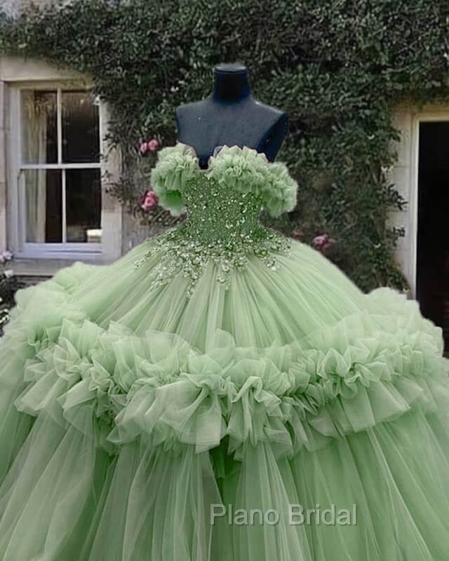 Sage Tulle Ruffless Ball Gown Appliques Dresses Secondary image