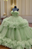 Sage Tulle Ruffless Ball Gown Appliques Dresses