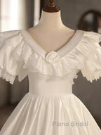 Satin Ball Gown Puffy Sleeves White V-Neck Wedding Dresses