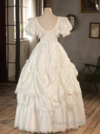 Satin Ball Gown Puffy Sleeves White V-Neck Wedding Dresses