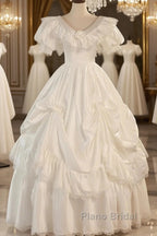 Satin Ball Gown Puffy Sleeves White V-Neck Wedding Dresses