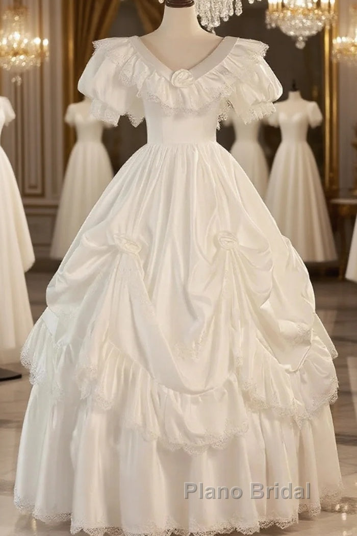 Satin Ball Gown Puffy Sleeves White V-Neck Wedding Dresses Main image