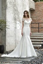 Satin Beaded Boat Neck Cap Sleeve Mermaid Wedding Dresses