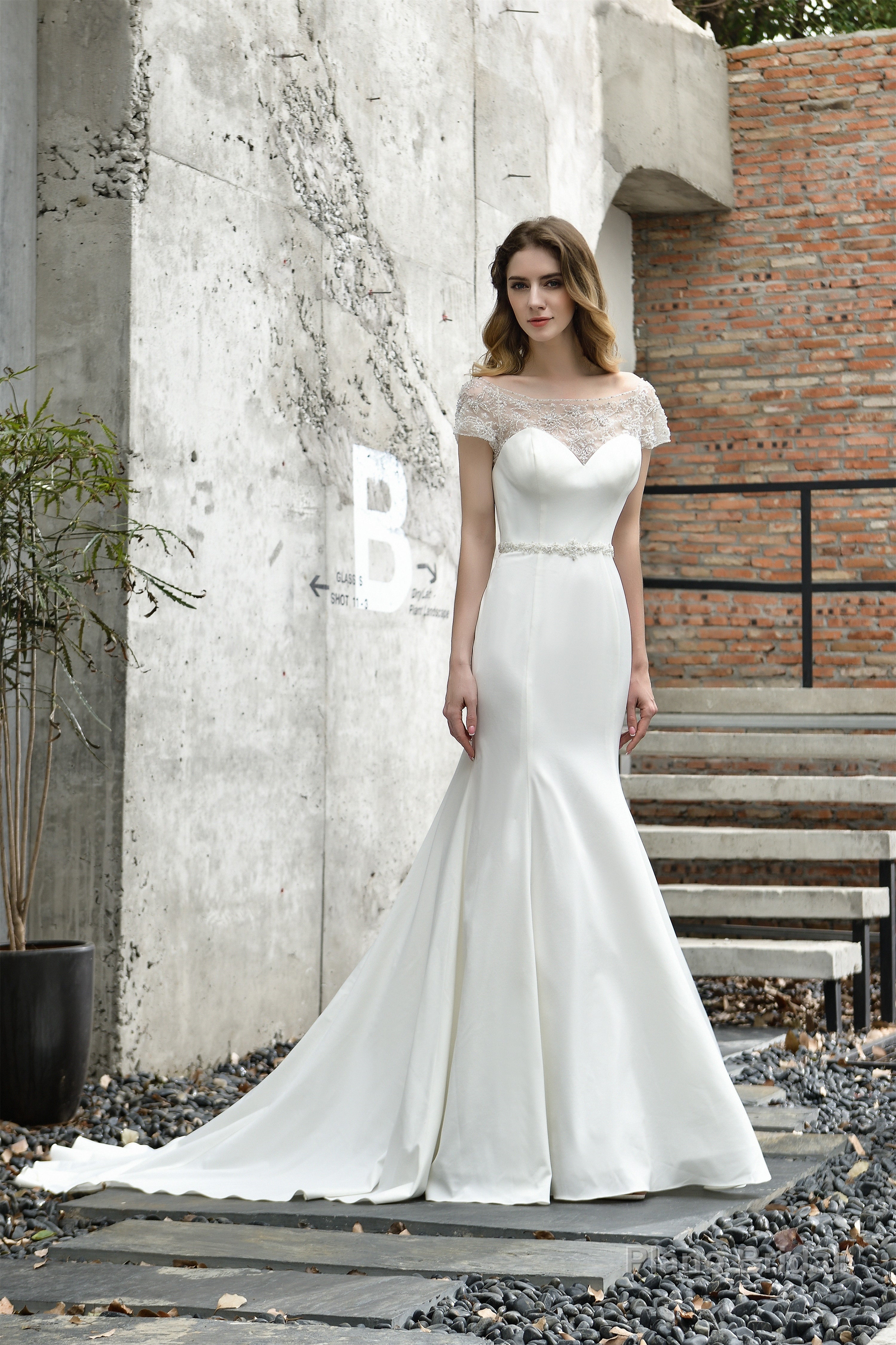 Satin Beaded Boat Neck Cap Sleeve Mermaid Wedding Dresses