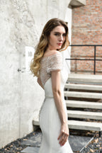 Satin Beaded Boat Neck Cap Sleeve Mermaid Wedding Dresses
