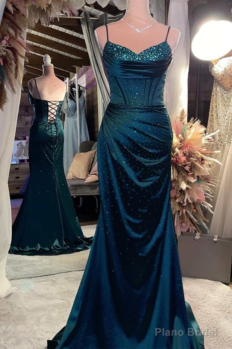 Satin Beaded V Neck Lace-Up Back Mermaid Long Formal Dress Maxi Event Dresses