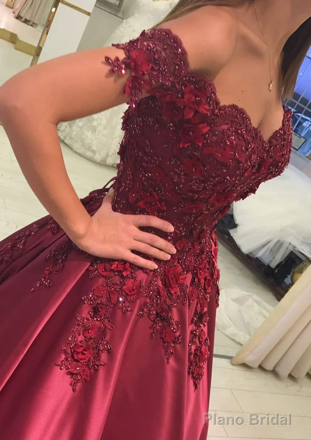 Satin Court Train A-Line/Princess Sleeveless Off-The-Shoulder Prom Dresses With Appliqued Main image