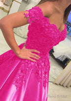 Satin Court Train A-Line/Princess Sleeveless Off-The-Shoulder Prom Dresses With Appliqued