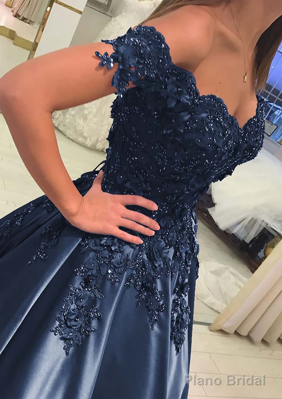 Satin Court Train A-Line/Princess Sleeveless Off-The-Shoulder Prom Dresses With Appliqued Secondary image