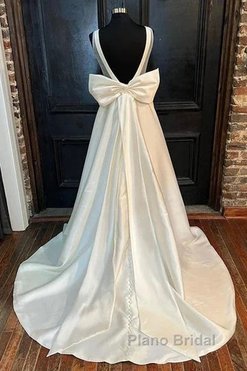 Satin Crew Neck Bow-Back A-Line Wedding Dresses