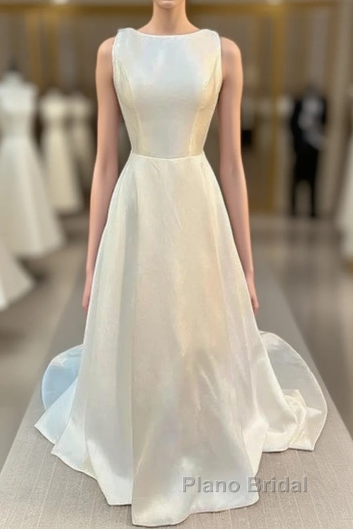 Satin Crew Neck Bow-Back A-Line Wedding Dresses Main image