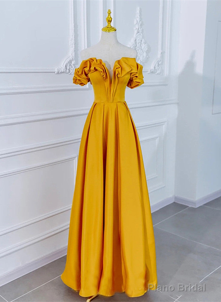 Satin Dark Yellow Off Shoulder Party Dress, A-line Satin Prom Dress Main image