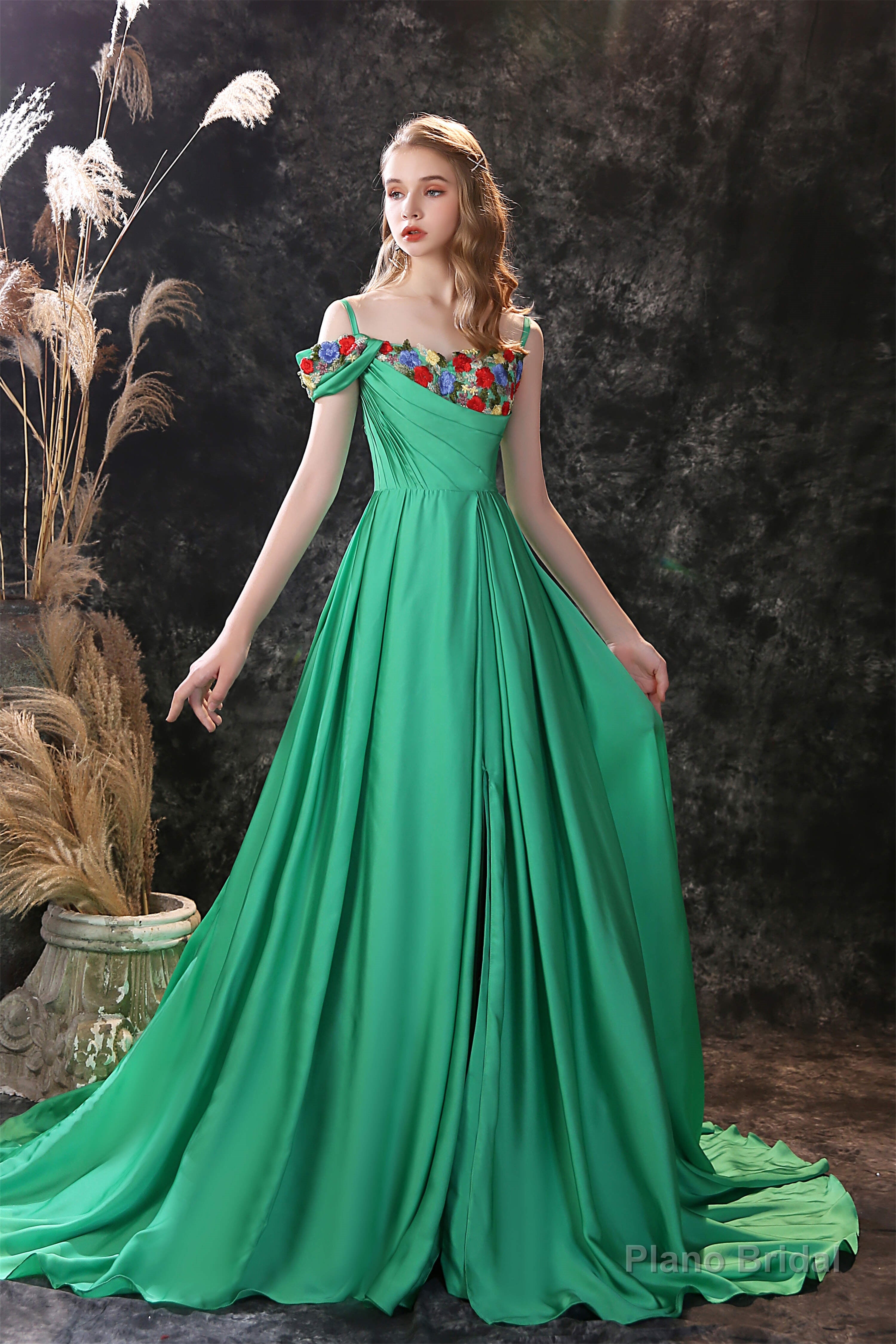 Satin Floral Applique High Split A Line Court Train Prom Dresses Main image