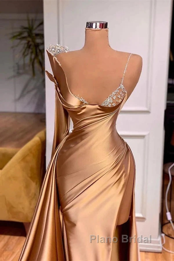Satin Gold One Shoulder Mermaid Formal Prom Dresses With Slit Secondary image