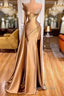 Satin Gold One Shoulder Mermaid Formal Prom Dresses With Slit