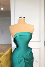Satin Green Trumpet Mermaid Strapless Ruched Formal Prom Dresses