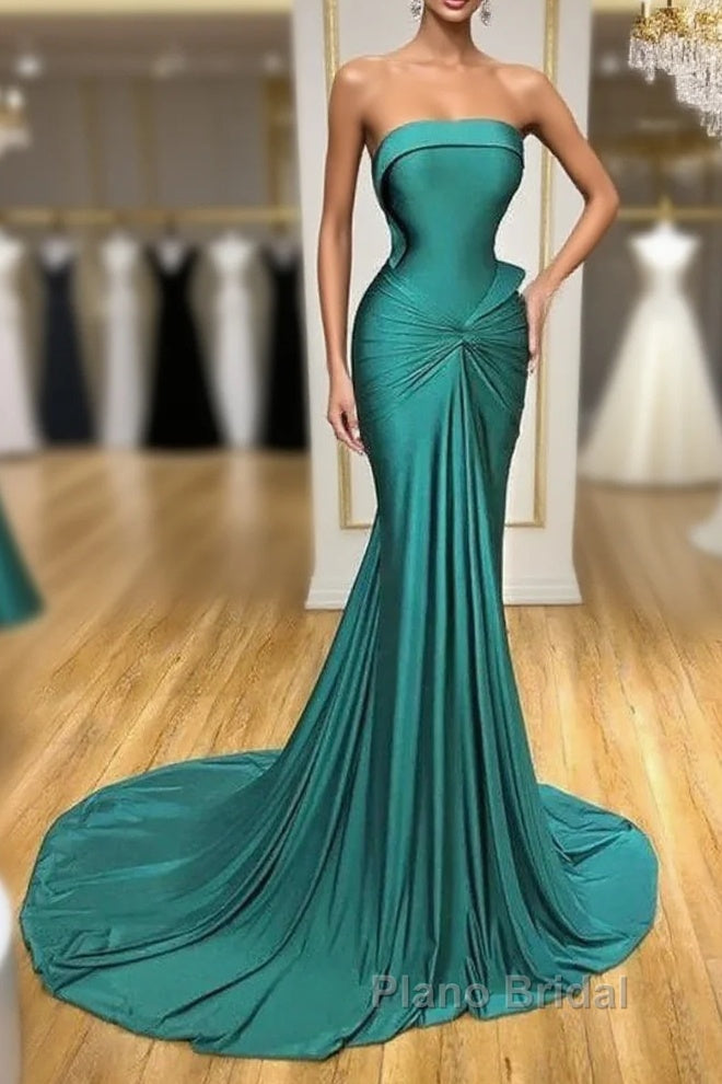Satin Green Trumpet Mermaid Strapless Ruched Formal Prom Dresses Main image