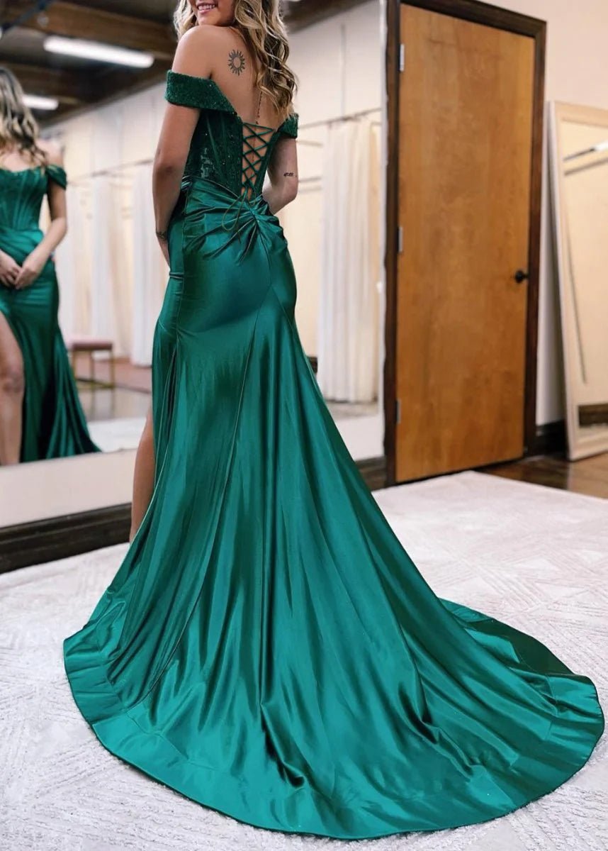 Satin Lace Mermaid Off Shoulder Satin Long Prom Dress with Slit