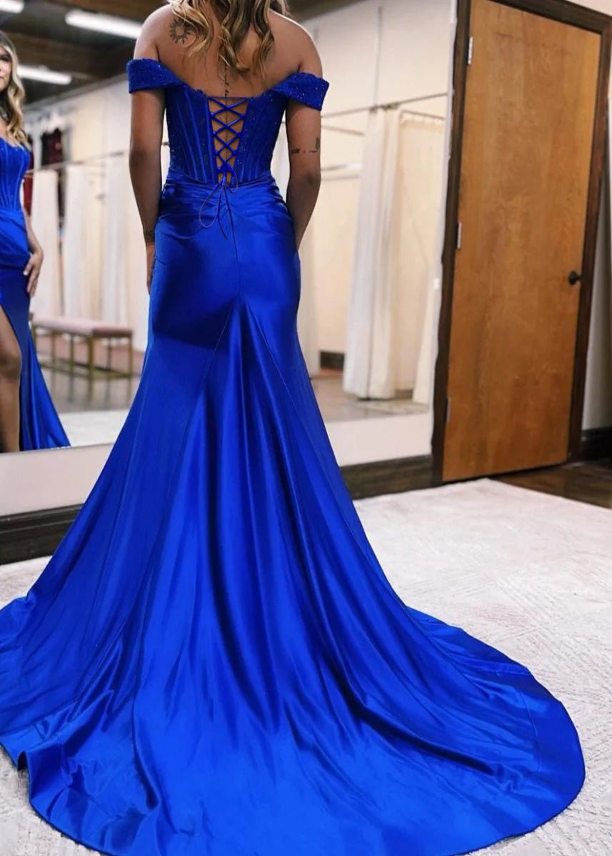 Satin Lace Mermaid Off Shoulder Satin Long Prom Dress with Slit