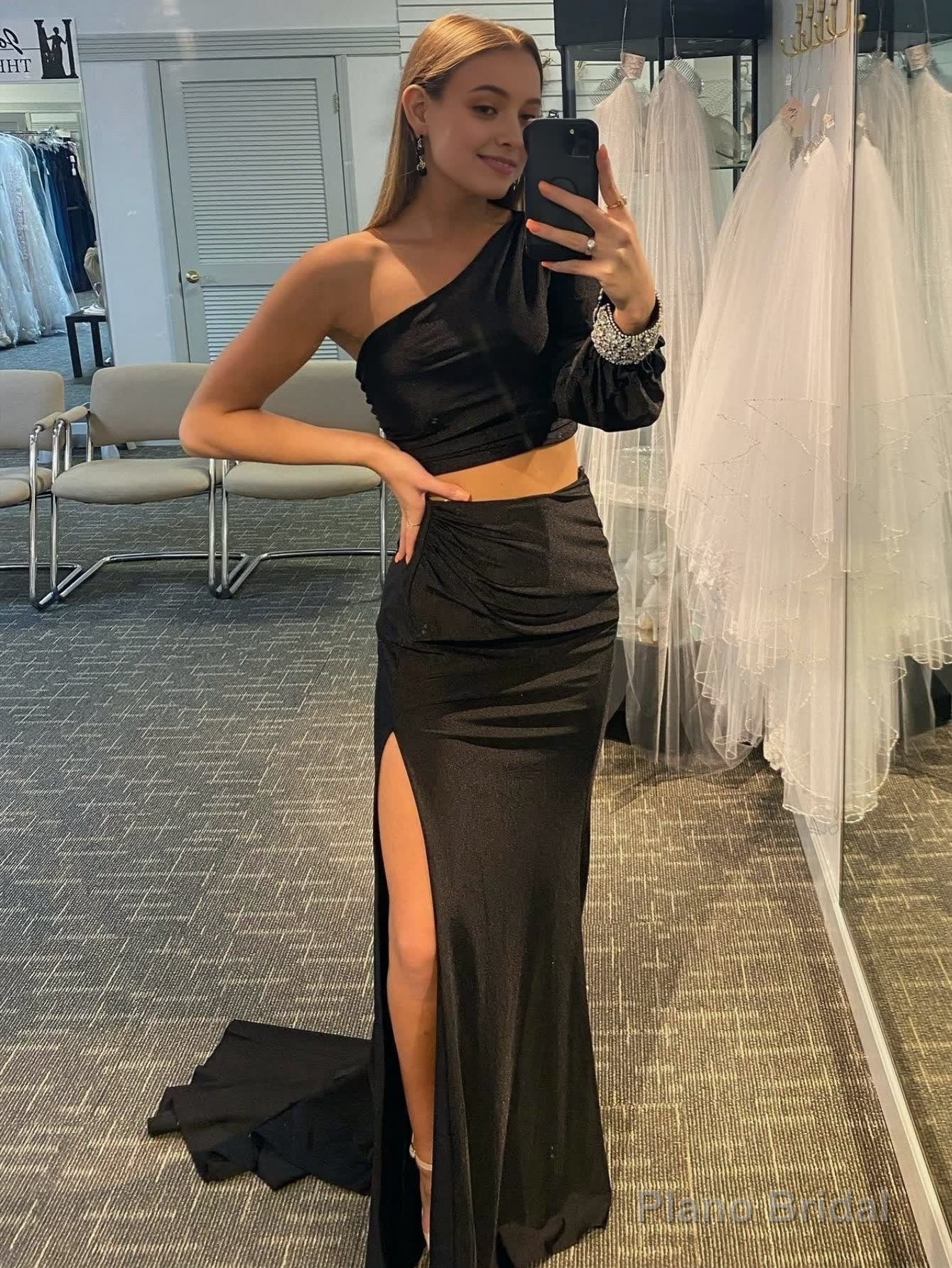 Satin Mermaid One Shoulder Two Pieces Set Black Long Prom Dress Secondary image