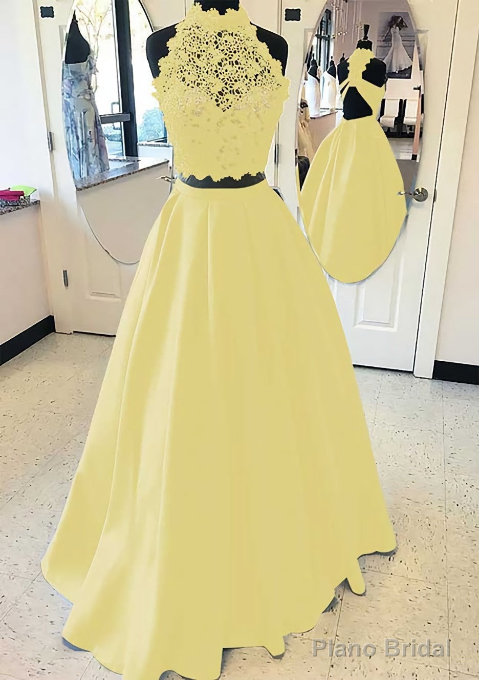 Satin Prom Dresses A-Line/Princess High-Neck Long/Floor-Length With Lace