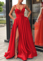 Satin Prom Dresses A-line/Princess Long/Floor-Length Sleeveless With Split Pockets