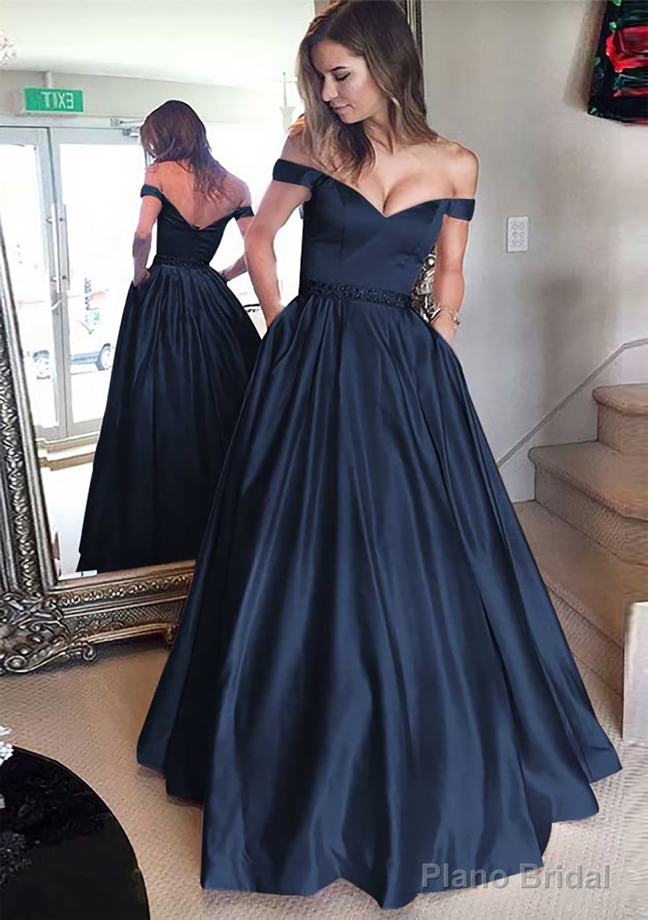 Satin Prom Dresses A-Line/Princess Off-The-Shoulder Long/Floor-Length With Beaded