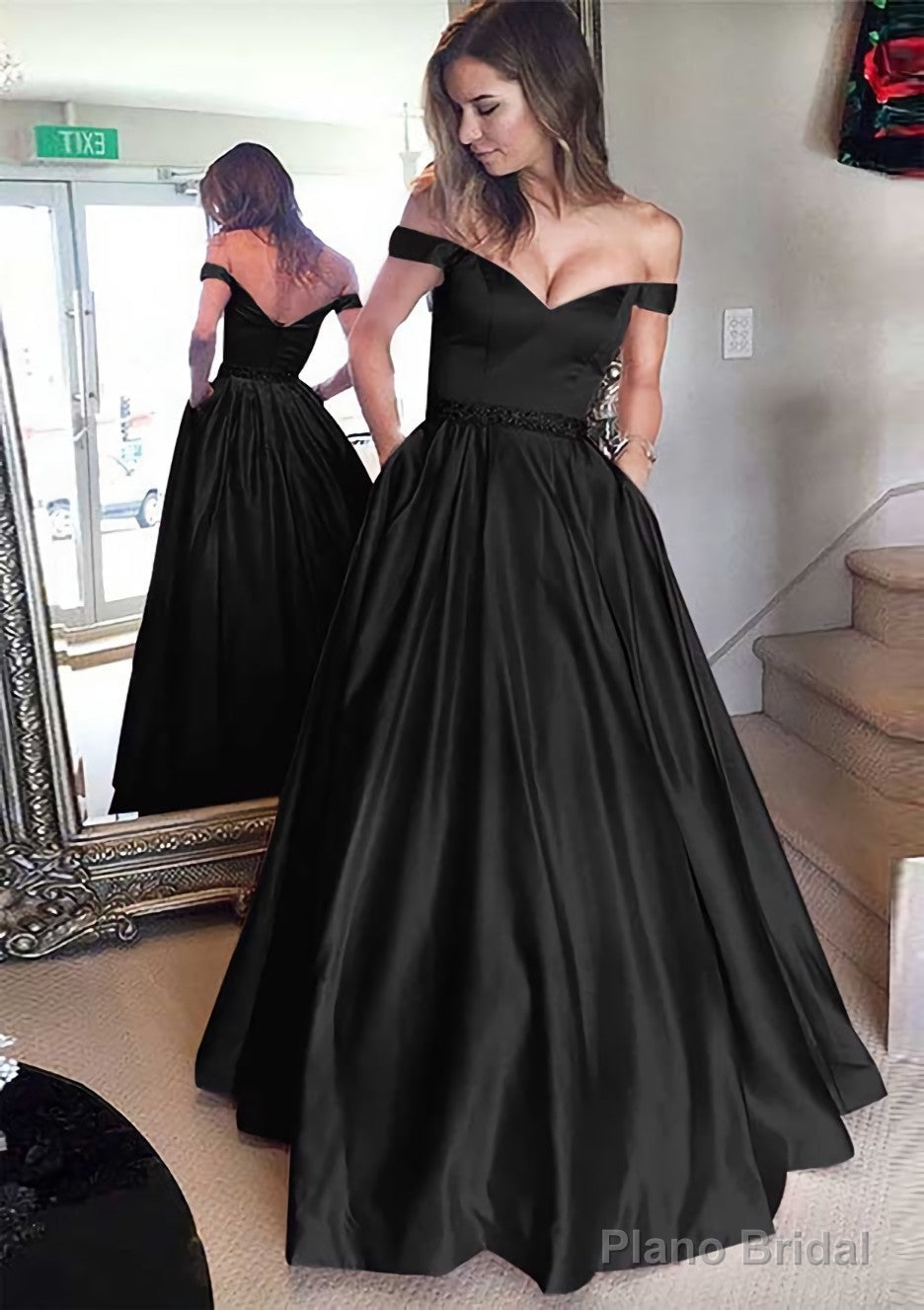 Satin Prom Dresses A-Line/Princess Off-The-Shoulder Long/Floor-Length With Beaded