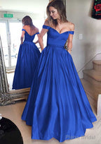 Satin Prom Dresses A-Line/Princess Off-The-Shoulder Long/Floor-Length With Beaded