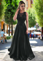 Satin Prom Dresses A-Line/Princess Scoop Neck Sweep Train With Appliqued