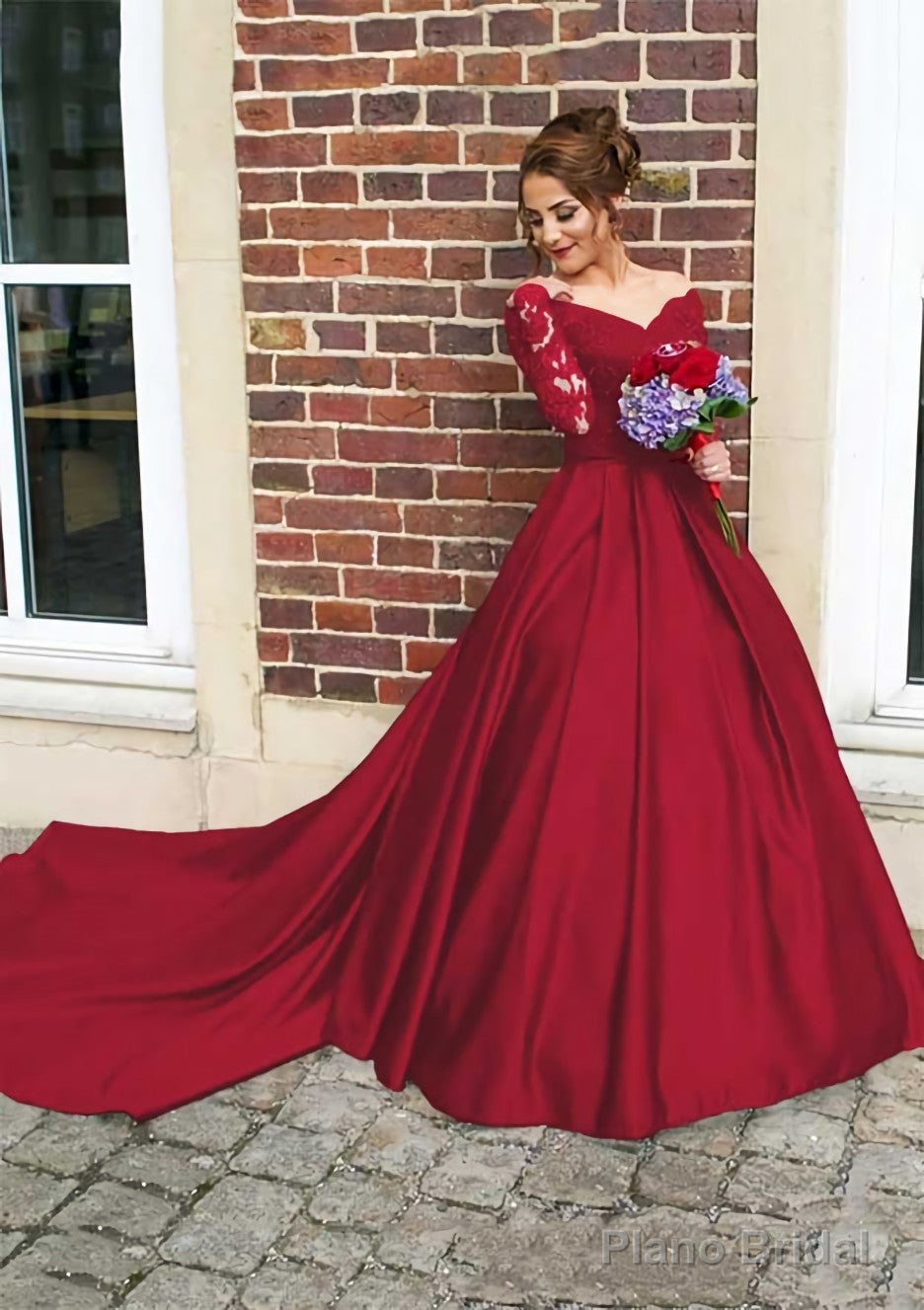 Satin Prom Dresses Ball Gown V-Neck Cathedral Train With Lace