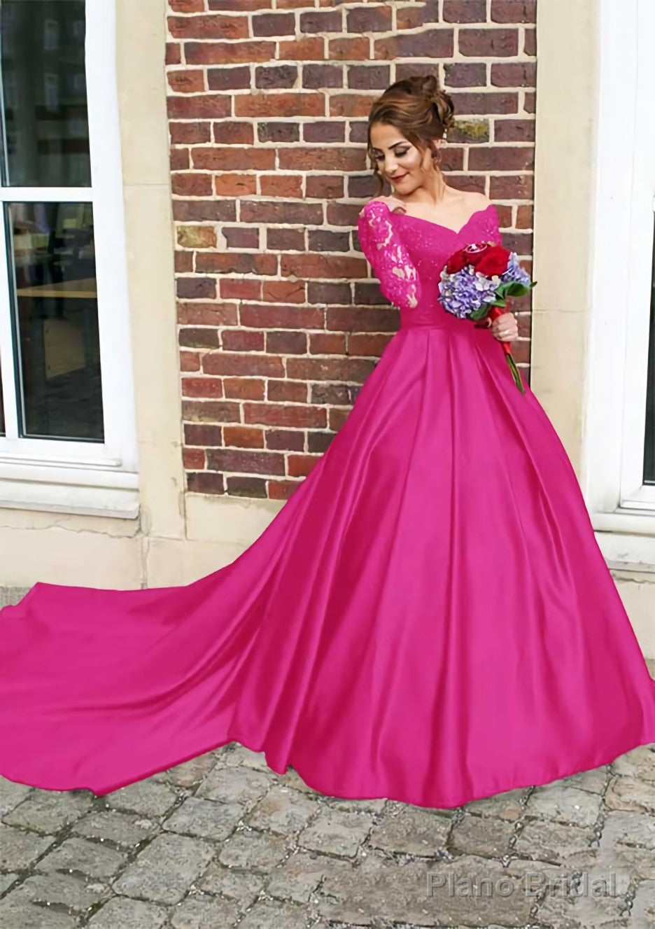 Satin Prom Dresses Ball Gown V-Neck Cathedral Train With Lace