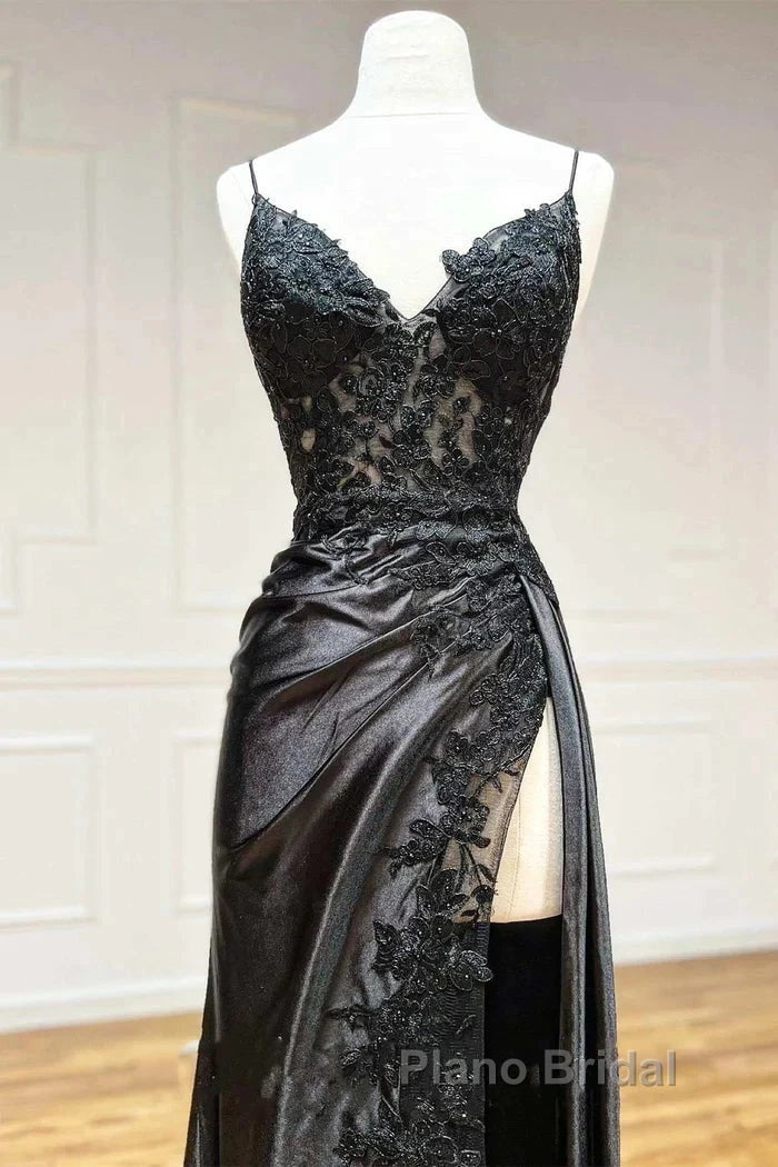 Satin Sheath Column Black Spaghetti Strap Formal Prom Dresses With Slit