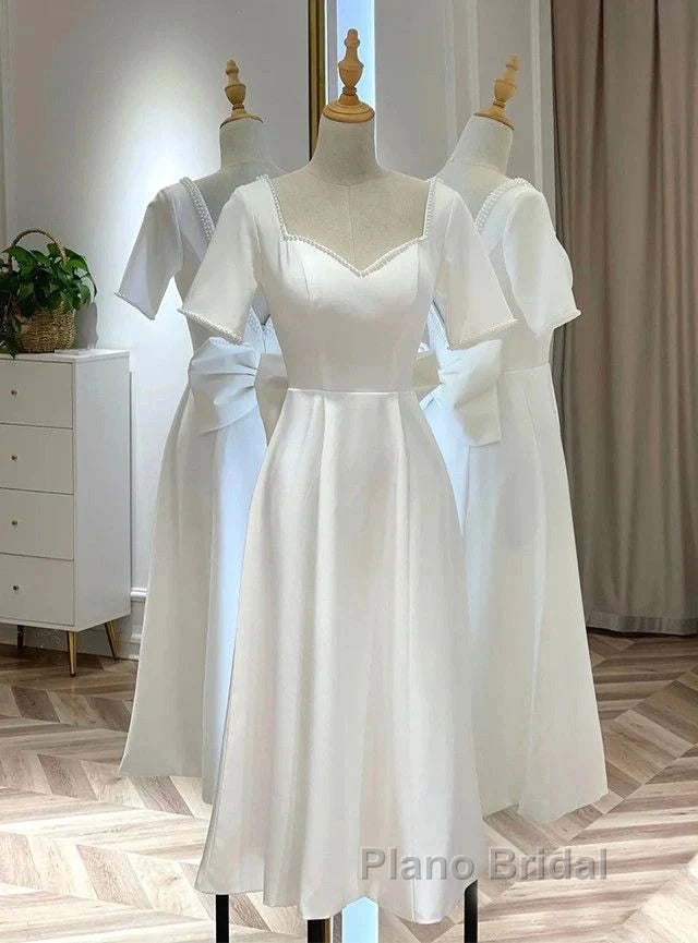 Satin Short Sleeve Short Wedding Dresses