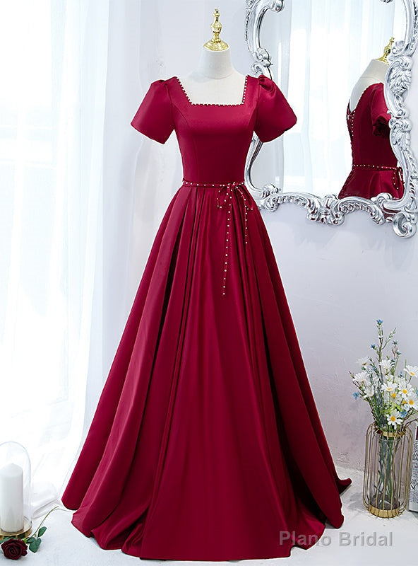 Satin Short Sleeve Square Pearls Prom Dress