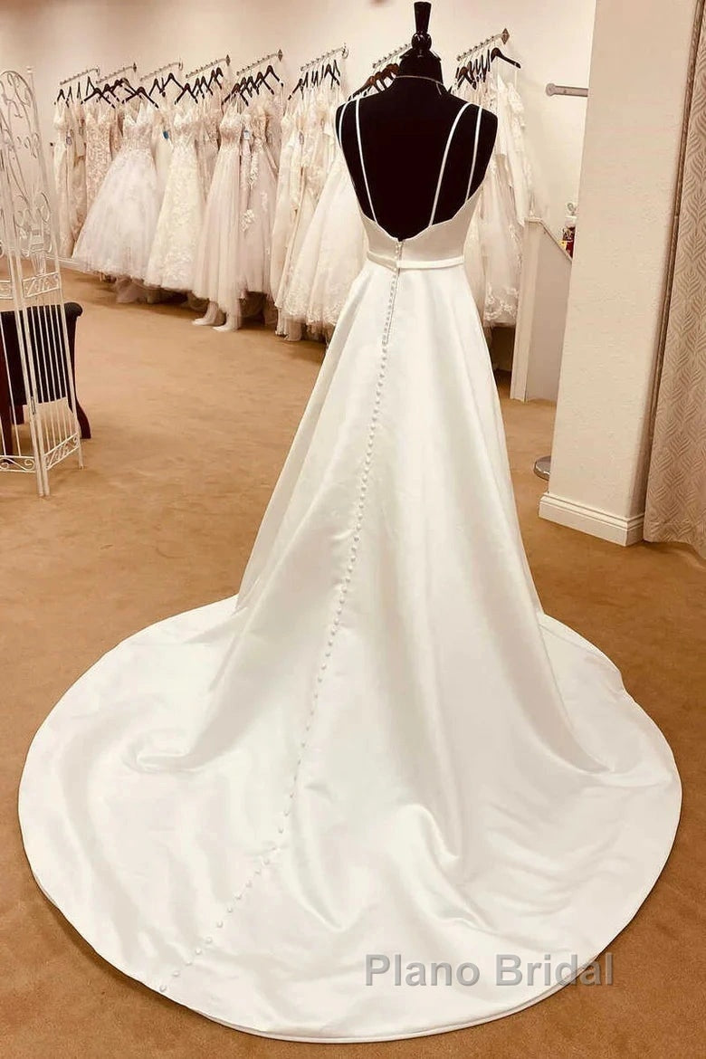 Satin Spaghetti Straps Backless Long Wedding Dresses Secondary image