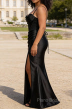 Satin Spaghetti Straps Black Prom Dress with Corset