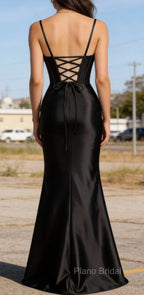 Satin Spaghetti Straps Black Prom Dress with Corset