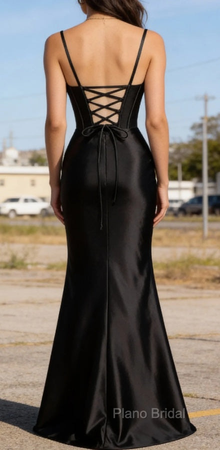 Satin Spaghetti Straps Black Prom Dress with Corset