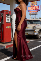 Satin Spaghetti Straps Burgundy Prom Dress with Corset
