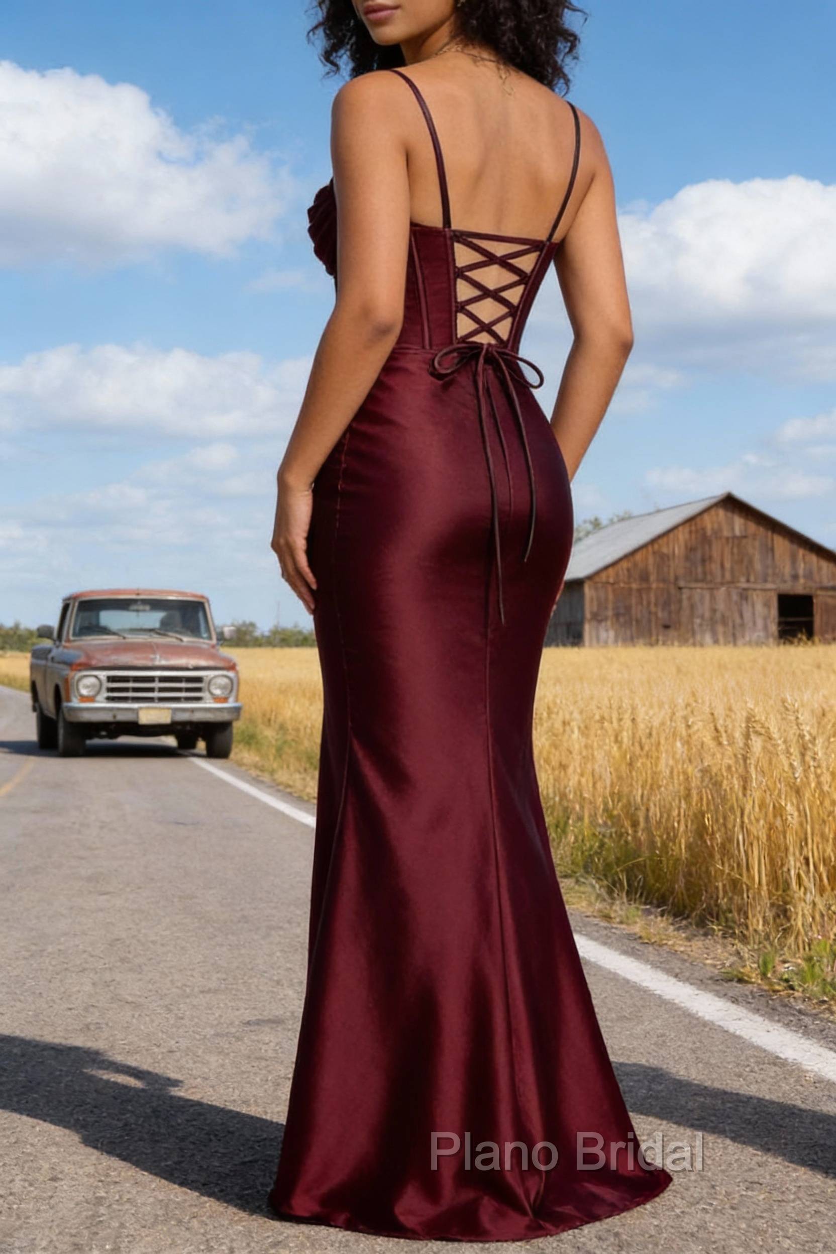 Satin Spaghetti Straps Burgundy Prom Dress with Corset