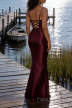 Satin Spaghetti Straps Burgundy Prom Dress with Corset