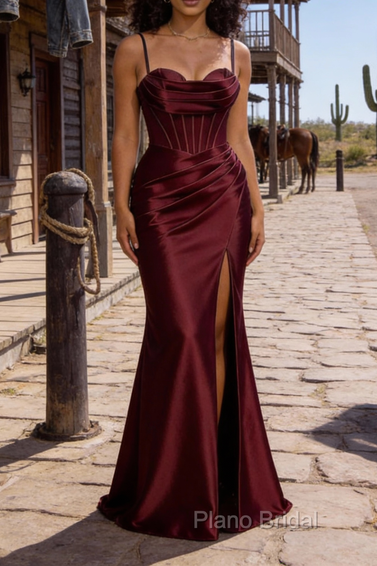 Satin Spaghetti Straps Burgundy Prom Dress with Corset