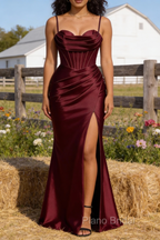 Satin Spaghetti Straps Burgundy Prom Dress with Corset