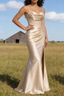 Satin Spaghetti Straps Champagne Prom Dress with Corset