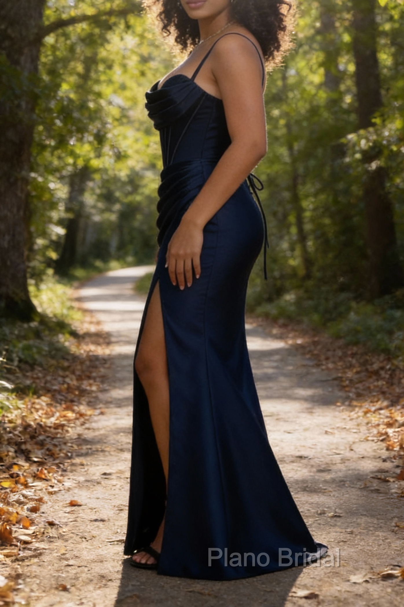 Satin Spaghetti Straps Dark Navy Prom Dress with Corset